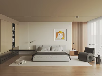 Modern Minimalist Bedroom Interior With Bed Dog Crown Wall Art Wooden Flooring And Accent Chair 3d model