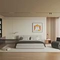 Modern Minimalist Bedroom Interior With Bed Dog Crown Wall Art Wooden Flooring And Accent Chair