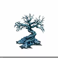 Mystical Blue Twisted Tree with Icy Root Base and Leafless Branches
