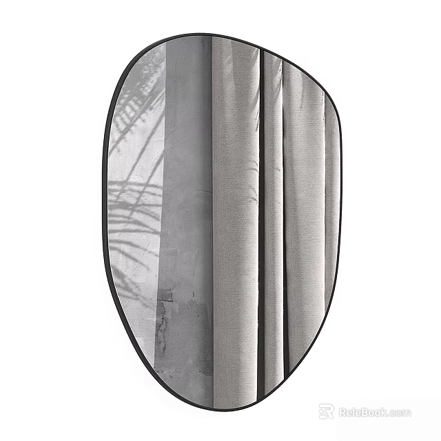 Oval Black Framed Mirror Reflecting Curtain And Palm Leaf Shadow 3d model 