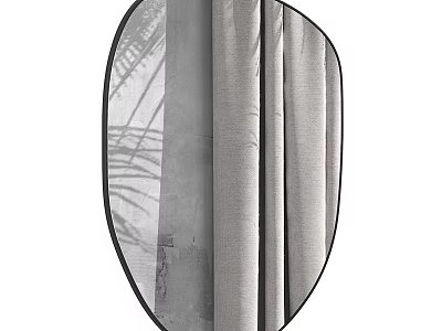 Oval Black Framed Mirror Reflecting Curtain And Palm Leaf Shadow 3d model