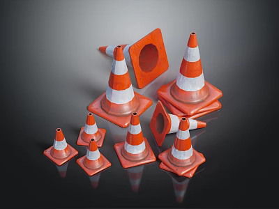 Orange And White Traffic Cones With Square Barriers For Road Safety 3d model