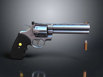 Silver Metallic Revolver With Black Grip And Bullet Beside As Weapon 3d model