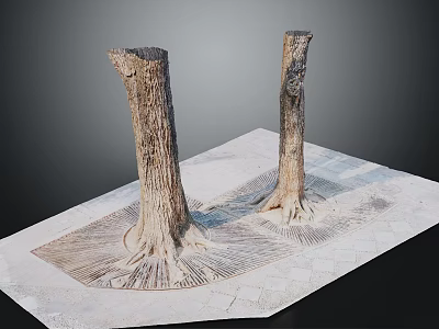 Natural Wooden Tree Stumps With Exposed Roots On Stone Paved Ground 3d model