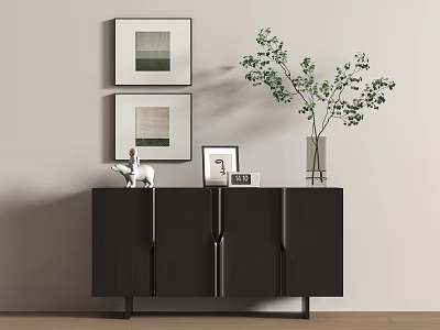 Modern Black Entryway Cabinet Sideboard With Deer Figurine Photo Frame Vase Greenery And Wall Art 3d model