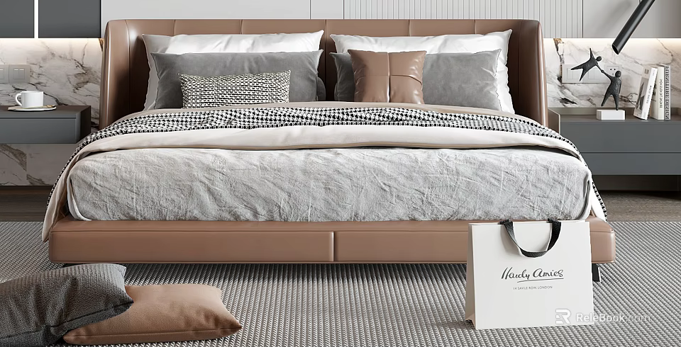 Double Bed With Leather Headboard Gray Beige Pillows And Soft Gray Comforter 3d model 
