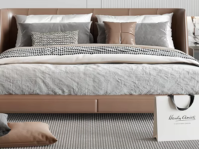 Double Bed With Leather Headboard Gray Beige Pillows And Soft Gray Comforter 3d model