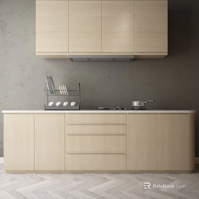 Modern Kitchen Interior With Light Colored Cabinets Dish Rack And Stove 3d model 