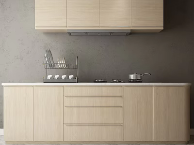 Modern Kitchen Interior With Light Colored Cabinets Dish Rack And Stove 3d model