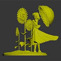 Girl Figurine In Red Dress Standing With Umbrella And Sunflowers