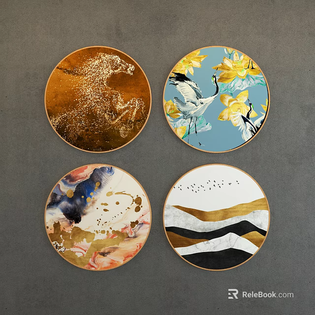 Decorative Circular Framed Paintings With Animal Floral Abstract And Gold Designs 3d model 