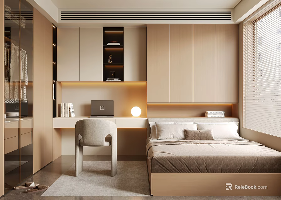 Modern Minimalist Tatami Bedroom With Built In Wardrobe Work Desk And Natural Light 3d model 