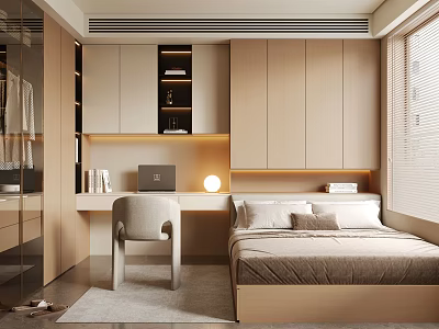 Modern Minimalist Tatami Bedroom With Built In Wardrobe Work Desk And Natural Light 3d model