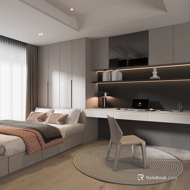 Tatami Bedroom Interior With Bed Desk Laptop Cabinets Lamp And Rug 3d model 