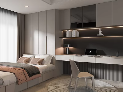 Tatami Bedroom Interior With Bed Desk Laptop Cabinets Lamp And Rug 3d model