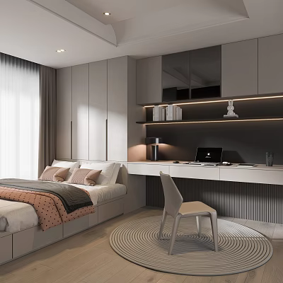 Tatami Bedroom Interior With Bed Desk Laptop Cabinets Lamp And Rug 3d model