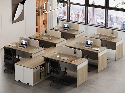 Modern Office Desks In Open Workspace With Laptops Chairs Large Windows And City View 3d model