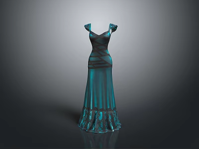 Man Designing Elegant Teal Evening Gown With Off Shoulder Sleeves And Ruffled Hem 3d model