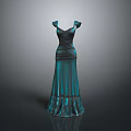 Man Designing Elegant Teal Evening Gown With Off Shoulder Sleeves And Ruffled Hem