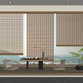 Serene Natural Style Room Interior With Bamboo Blinds Wooden Table Chairs And Green Plant