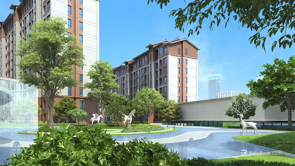 Modern Residential Landscape Featuring High Rise Buildings Green Trees Lawn Water Pool And Statues 3d model 
