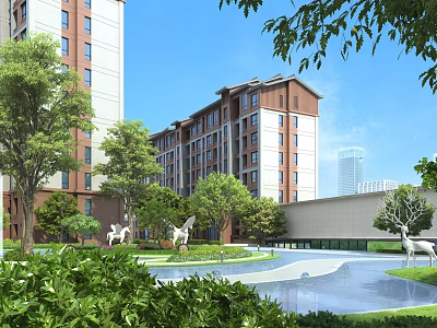 Modern Residential Landscape Featuring High Rise Buildings Green Trees Lawn Water Pool And Statues 3d model