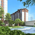 Modern Residential Landscape Featuring High Rise Buildings Green Trees Lawn Water Pool And Statues