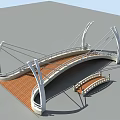 Modern Cable Stayed Bridge With White Arch Structure And Wooden Deck 3d model
