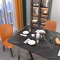 Black Marble Dining Table Set With Six Orange Leather Chairs And Tableware 3d model