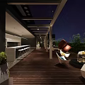 Hotel Public Lounge Area With Outdoor Wooden Flooring Sofas Chairs And Bar Counter Lighting