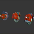 Three Playful Red And Blue Cartoon Robot 3D Models With Big Eyes