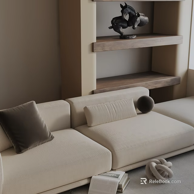 Minimalist Beige Three Seater Sofa With Soft Pillows And Wooden Shelf Decorative Items 3d model 
