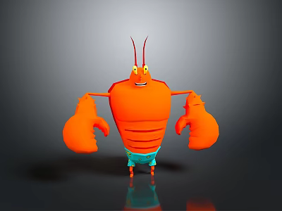 Cartoon Orange Lobster in Standing Pose With Large Claws and Blue Shorts 3d model