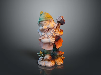 Colorful Garden Gnome Statue With Green Hat Beard Hammer And Plant Base 3d model