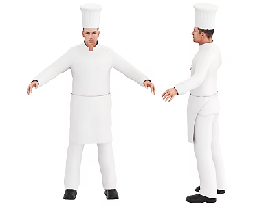 Male Chef In White Uniform And Tall Chef Hat Standing In Different Poses 3d model