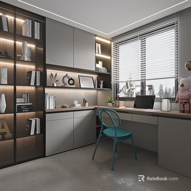 Modern Elegant Study Room With Built In Bookshelves Desk Laptop Turquoise Chair And Window Blinds 3d model 