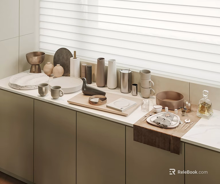 Minimalist Decorative Ornament Set With Metal Ceramic Bowls Trays And Vases On Kitchen Countertop 3d model 
