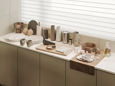Minimalist Decorative Ornament Set With Metal Ceramic Bowls Trays And Vases On Kitchen Countertop 3d model