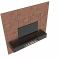 Copper Textured TV Wall Design With Black Television And Fireplace Flames 3d model
