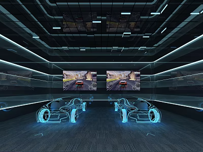 Futuristic Indoor Space With Two Large Screens Displaying Racing Scenes And Blue Lit Chairs 3d model