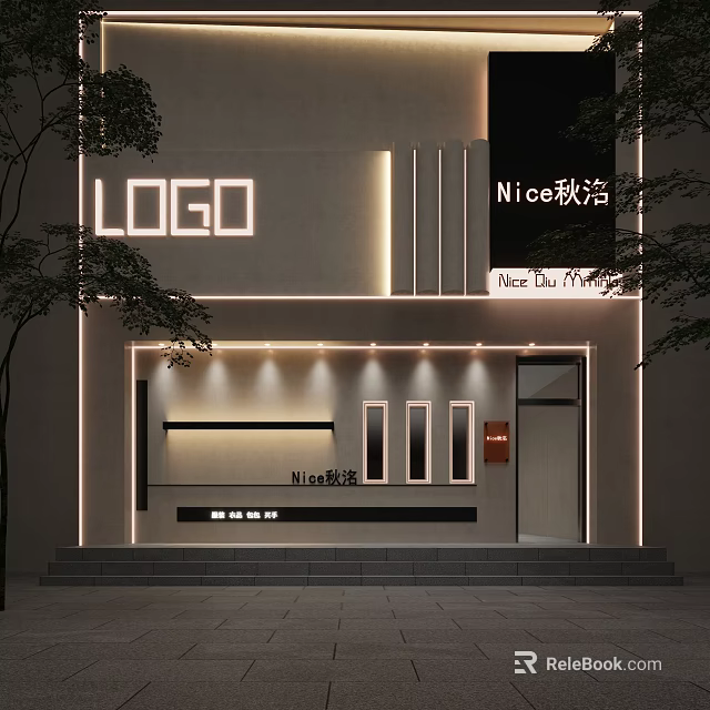 Modern Clothing Store Facade Design With Illuminated LOGO Signage And Glass Door 3d model 