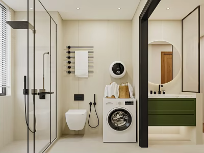 Modern Bathroom Interior With Glass Shower Wall Mounted Toilet Washing Machine And Green Vanity 3d model