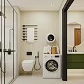 Modern Bathroom Interior With Glass Shower Wall Mounted Toilet Washing Machine And Green Vanity