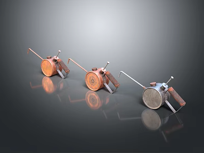 Three Different Colored Industrial Equipment Handheld Tools With Circular Drum Metal Handle And Reflective Surface 3d model