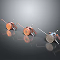 Three Different Colored Industrial Equipment Handheld Tools With Circular Drum Metal Handle And Reflective Surface