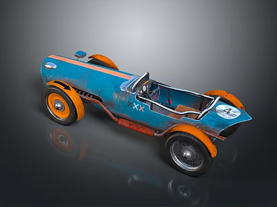 Blue Vintage Classic Race Car With Orange Wheels Open Top XX And Number 4 Design 3d model