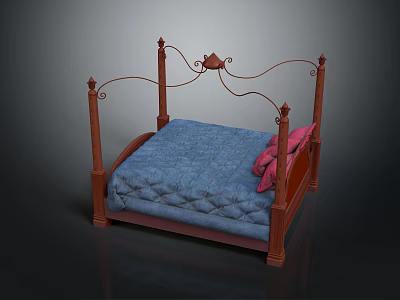 Four Poster Bed With Wooden Frame Decorative Metal Headboard Blue Mattress And Pink Pillows 3d model