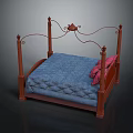 Four Poster Bed With Wooden Frame Decorative Metal Headboard Blue Mattress And Pink Pillows