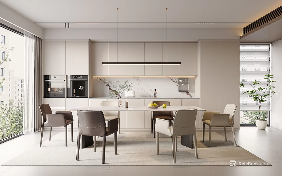 Modern Restaurant Interior With Open Kitchen Dining Table Marble Counter And Comfortable Chairs 3d model