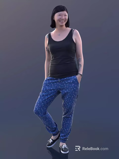 A Woman in Black Tank Top and Blue Polka Dot Pants with Tattoos 3d model 